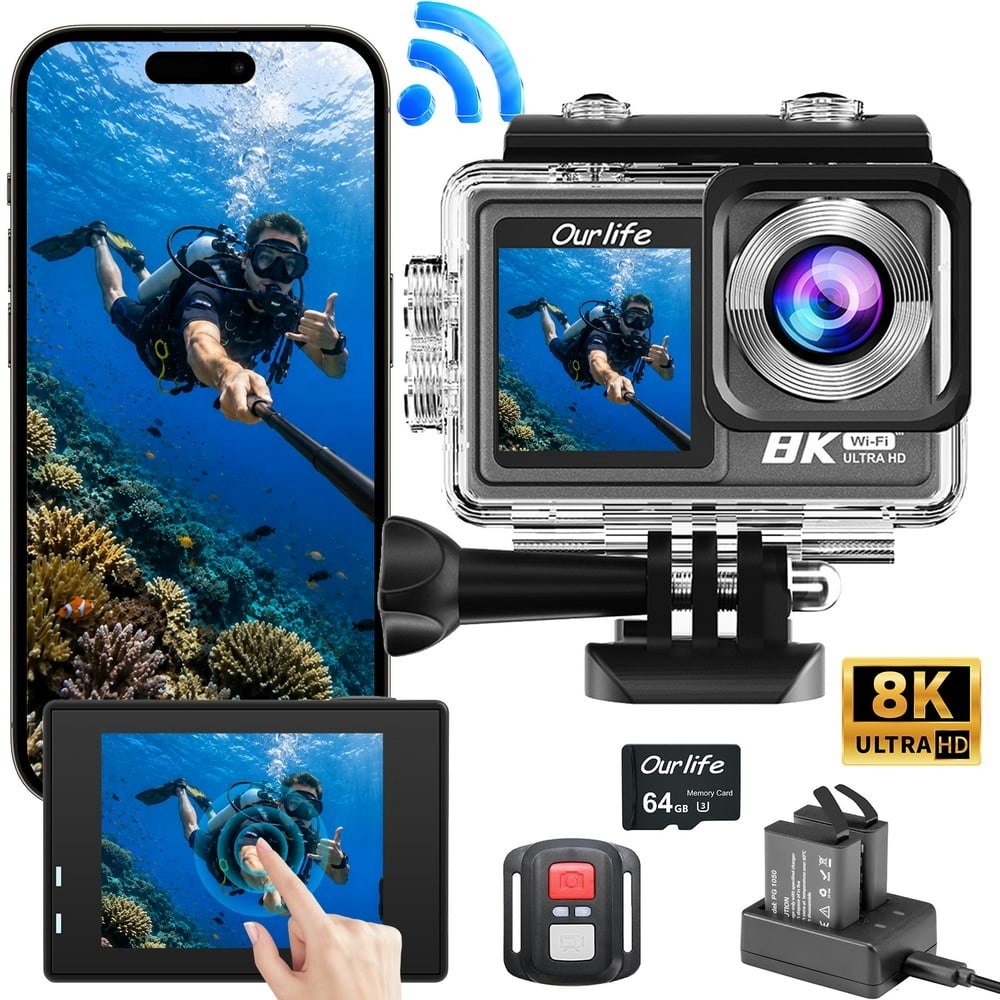 8K Waterproof Action Camera with 2 Batteries and 64GB Card: $169.99 8K Waterproof Action Camera with 2 Batteries and 64GB Card: $169.99