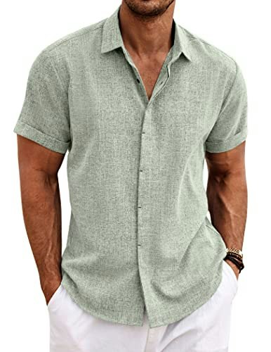 Coofandy Men's Linen Short Sleeve Button-Down Shirt: $23.24