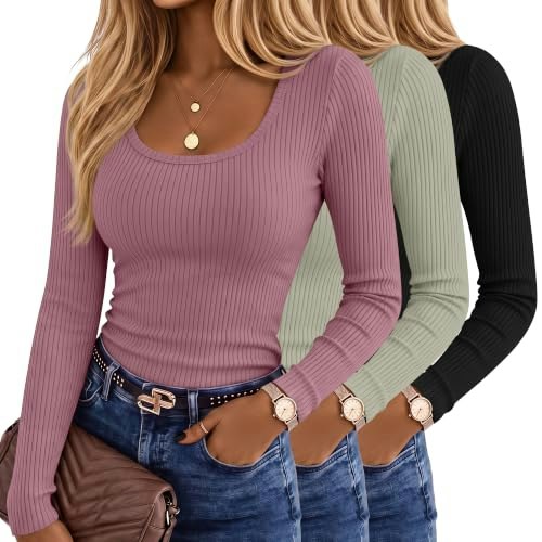 Ficerd Women's Long Sleeve Ribbed Cotton Fitted Shirts 3-Pack: $29.59