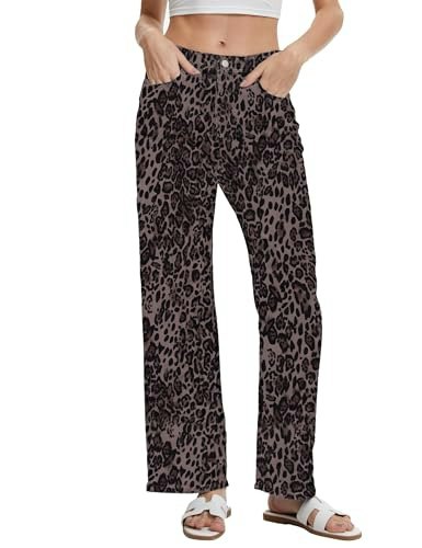 Daoao Women's Vintage Wide Leg Stretchy Denim Leopard Jeans: $28.49