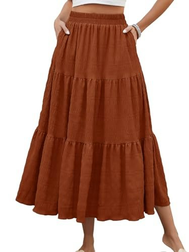 Huskary Women's High Waisted Ruffle Tiered Midi Skirt: $23.99 Huskary Women's High Waisted Ruffle Tiered Midi Skirt: $23.99