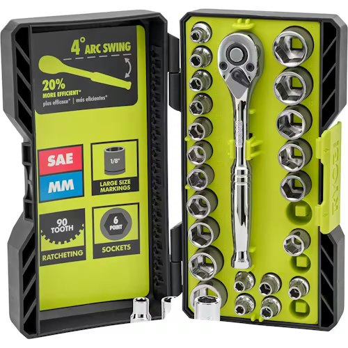 Ryobi 26-Piece 1/4" Drive SAE / Metric Ratchet & Socket Set for $20 + free shipping