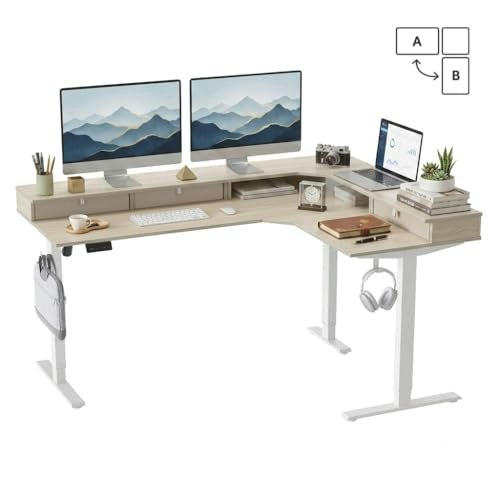 CubiCubi 63"x48" L-Shaped Standing Desk with Drawers and Shelf: $262.30