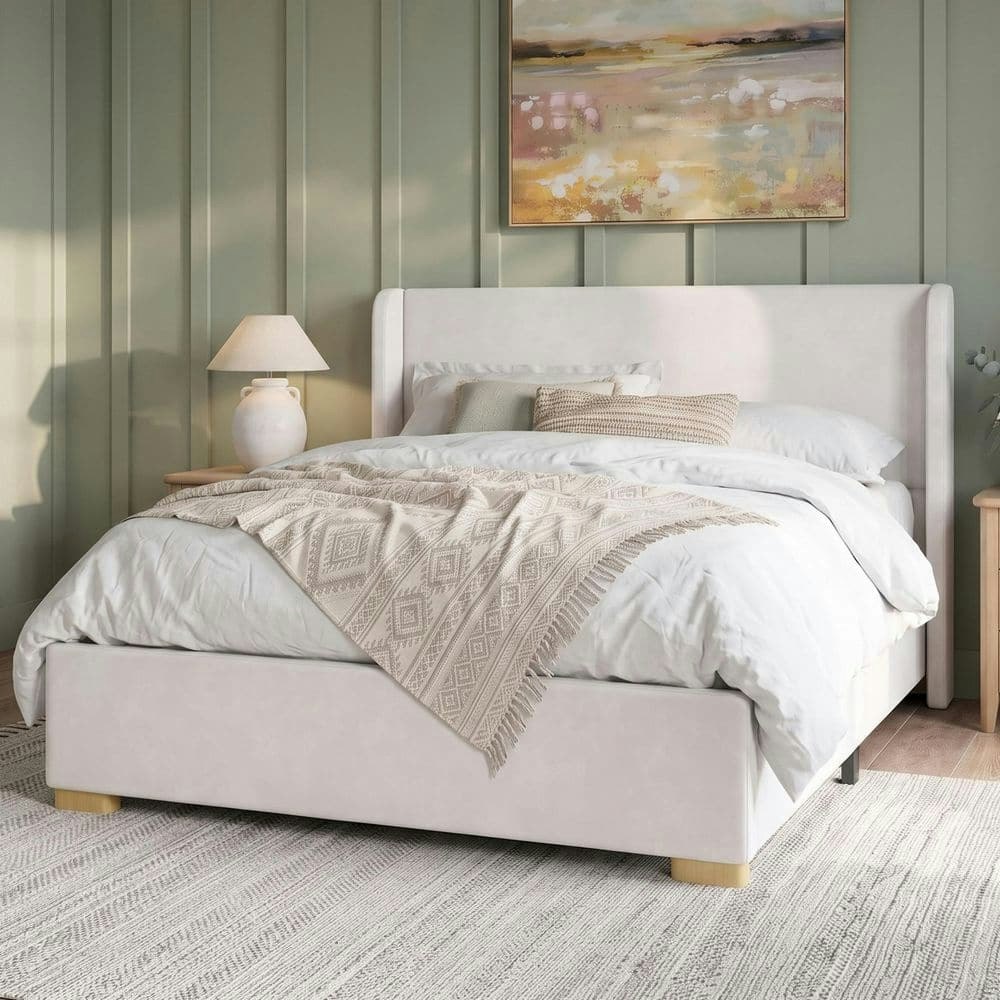 Cream White Upholstered Velvet Queen Platform Bed: $308.12 Cream White Upholstered Velvet Queen Platform Bed: $308.12