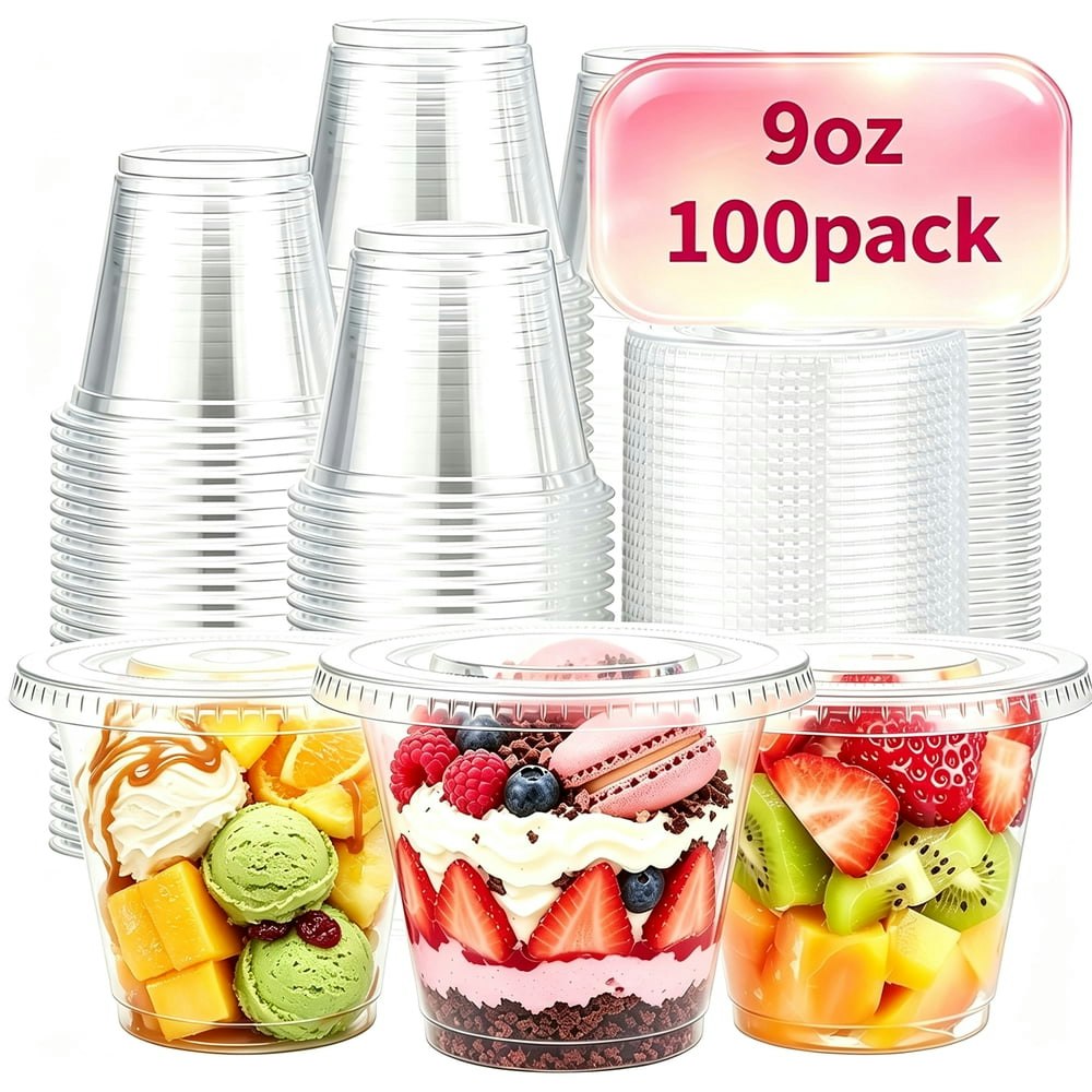 Bysnow 9oz Clear Plastic Cups with Lids 100-Pack: $14.99
