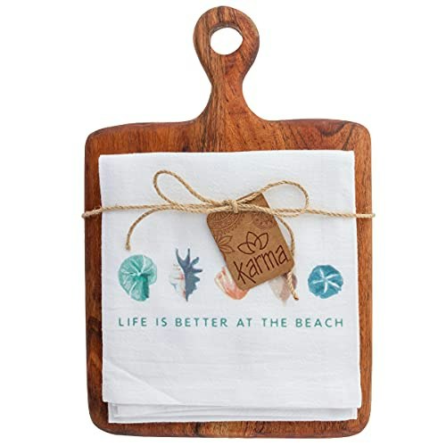 Karma Gifts Teak Wood Cutting Board and Tea Towel Set: $17.36
