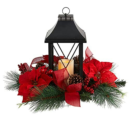 Nearly Natural 15-Inch Poinsettia and Pinecone Lantern Table Arrangement: $82.15