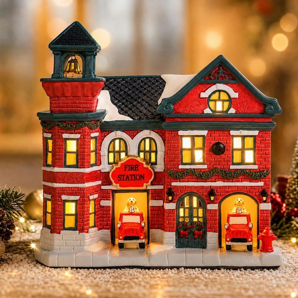 Christmas Village Fire Station Lighted Ceramic Decor: $30