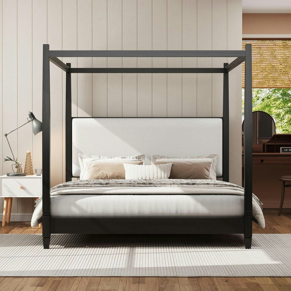 Yervon Modern Black Wood Canopy Platform King Bed with Upholstered Headboard: $574.90
