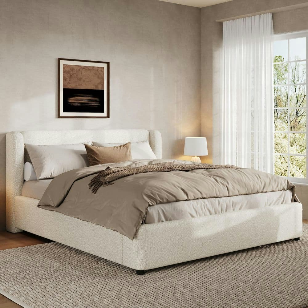 Queen Size Boucle Upholstered Platform Bed with Wingback Headboard: $408.72 Queen Size Boucle Upholstered Platform Bed with Wingback Headboard: $408.72