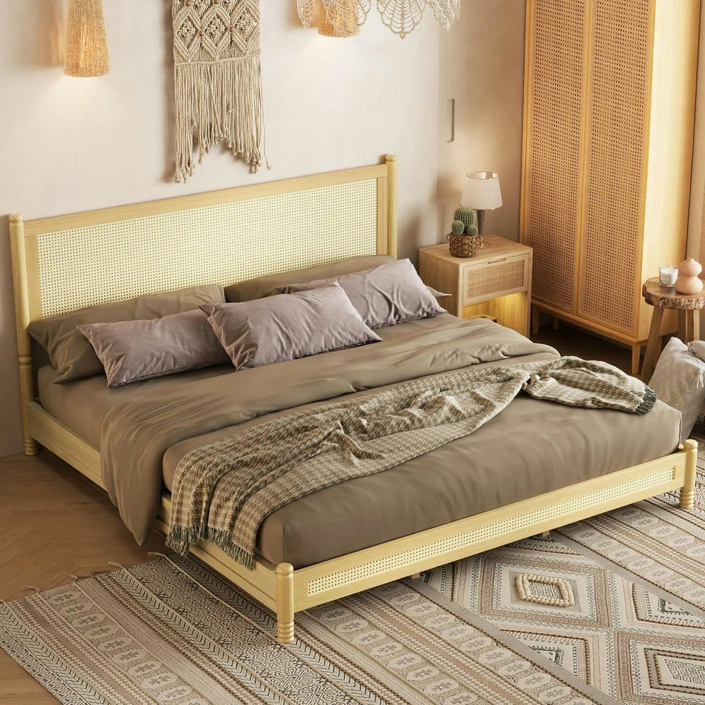 Bohemian Wood Frame King Platform Bed with Woven Cane Headboard and Footboard: $305.18 Bohemian Wood Frame King Platform Bed with Woven Cane Headboard and Footboard: $305.18