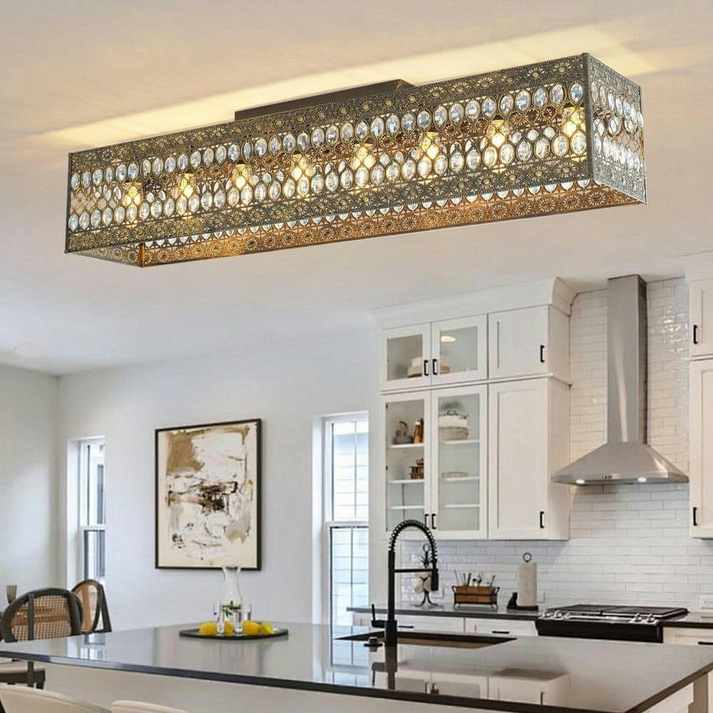 48-Inch 8-Light Farmhouse Bronze Rectangle Crystal Flush Mount Ceiling Light: $179.22