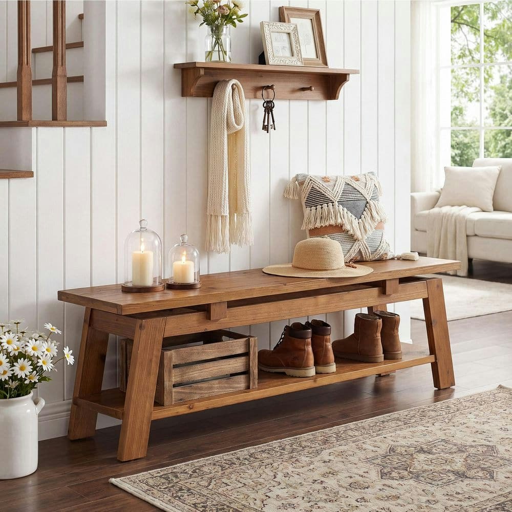 55-inch Natural Brown Solid Wood Entryway Bench with Shoe Storage: $135.99 55-inch Natural Brown Solid Wood Entryway Bench with Shoe Storage: $135.99