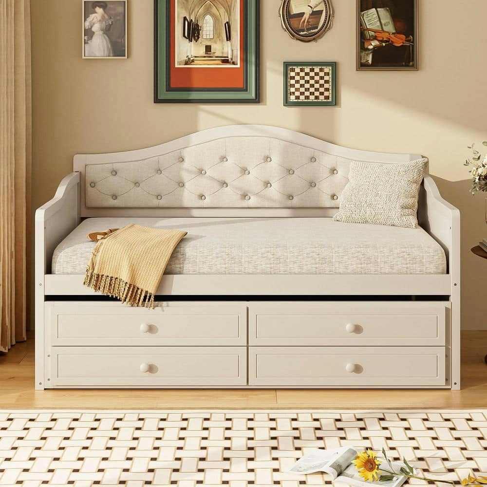 Guide Beige Linen Upholstered Twin Daybed with Trundle and 2 Drawers: $399.66 Guide Beige Linen Upholstered Twin Daybed with Trundle and 2 Drawers: $399.66