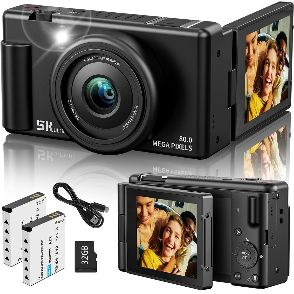 5K 80MP Digital Vlogging Camera with 18X Zoom and 32GB SD Card 2-Pack: $74.99