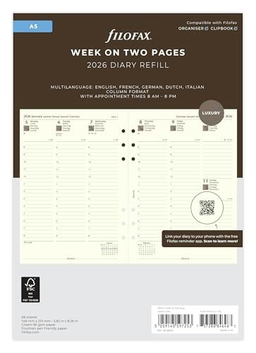 Filofax A5 2026 Week-on-Two-Pages Diary Refill: $14.96