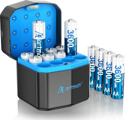 Artman Rechargeable Lithium AA Batteries 12-Pack w/ Fast Charger for $21 via Sub. & Save + free shipping w/ Prime