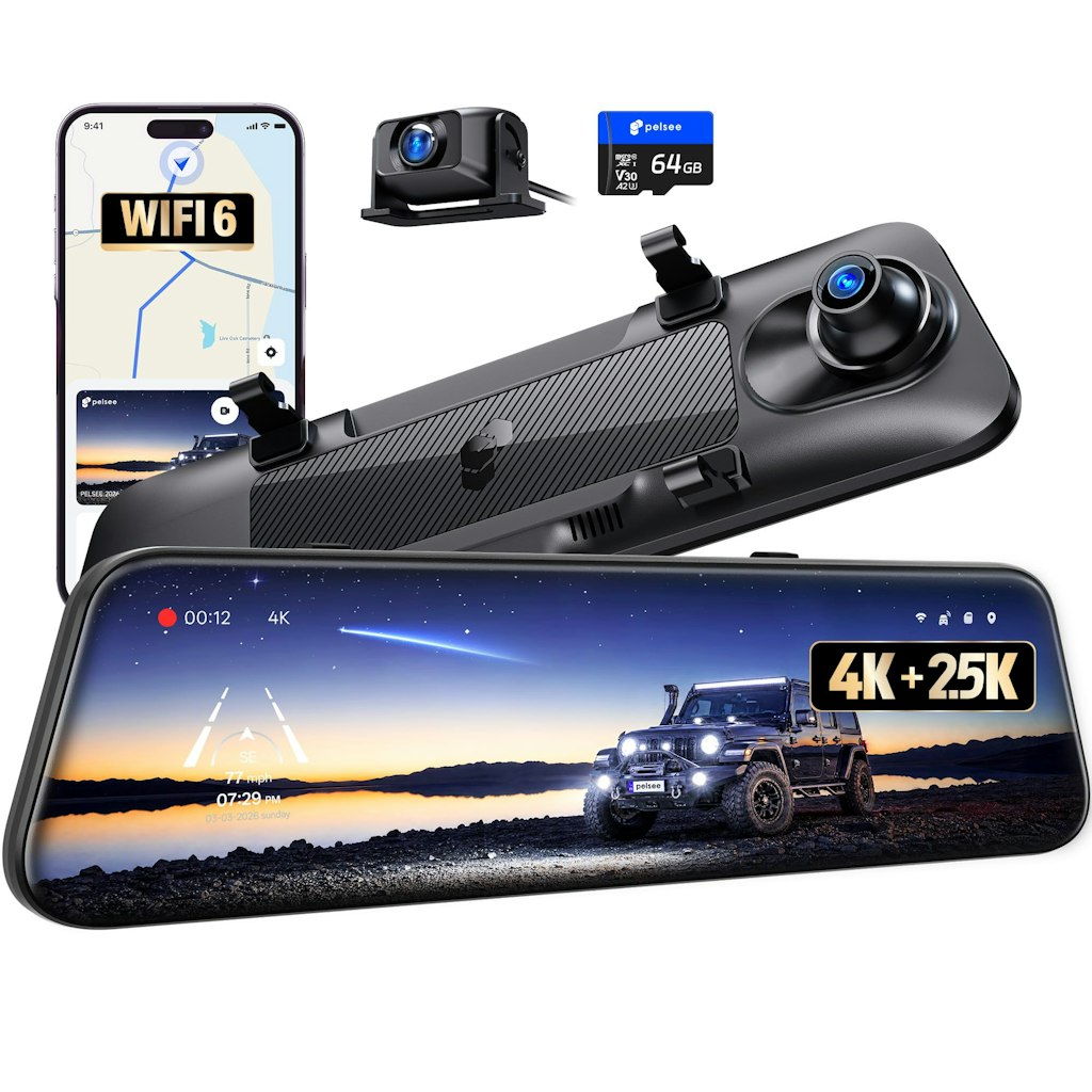 Pelsee S12 4K + 2.5K Mirror Dash Cam w/ 64GB Card & GPS: $140