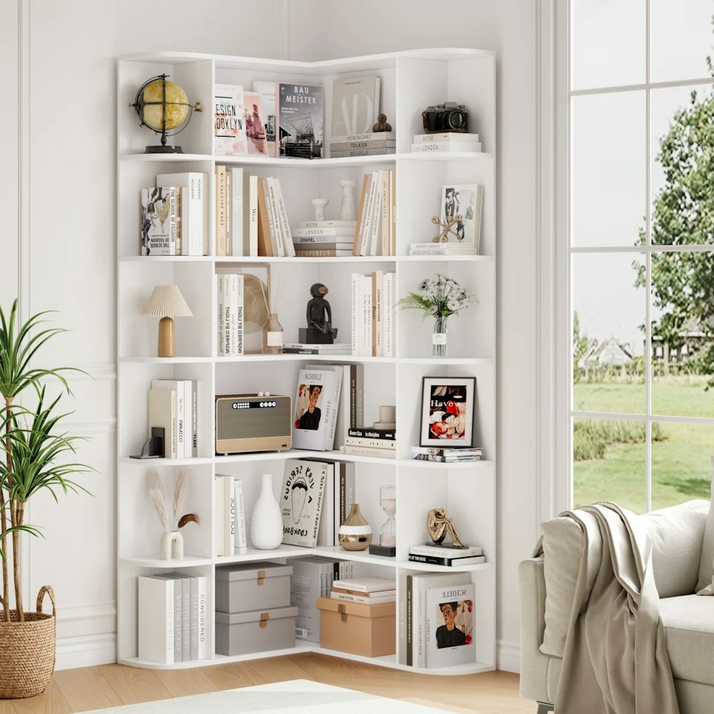 Ebern Designs 73.9" H Corner Bookcase 6 Tier L-Shaped Bookshelf: $200