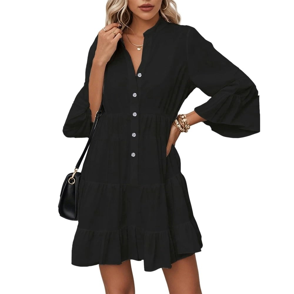 Whoinshop Women's Flowy Ruffle Sleeve V-Neck Mini Dress: $10.99 Whoinshop Women's Flowy Ruffle Sleeve V-Neck Mini Dress: $10.99
