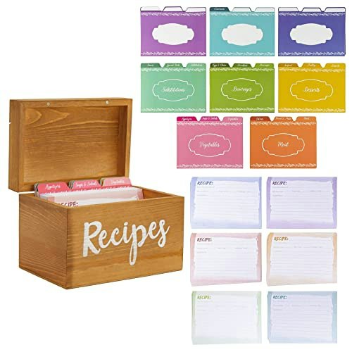 Juvale 7" x 5" x 5" Wooden Recipe Box with 60 Cards and 24 Dividers: $23.99