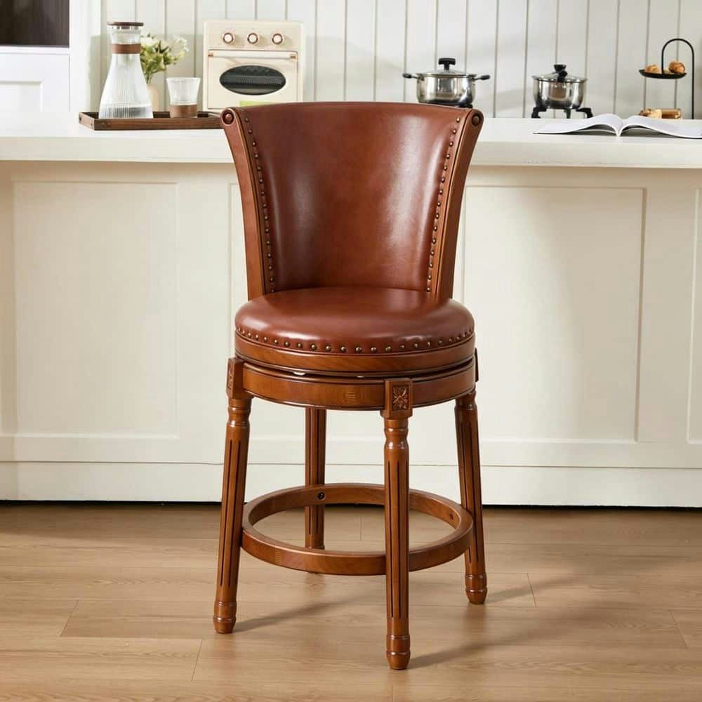 26-Inch Brown Wood Upholstered Swivel Bar Stool: $313.09 26-Inch Brown Wood Upholstered Swivel Bar Stool: $313.09