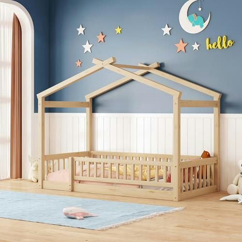 Merax Twin Wooden House Bed with Fence: $221.41 Merax Twin Wooden House Bed with Fence: $221.41