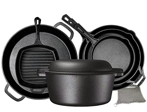 Pre-Seasoned Cast Iron 3-Piece Skillet Set with Chainmail Scrubber: $180.10