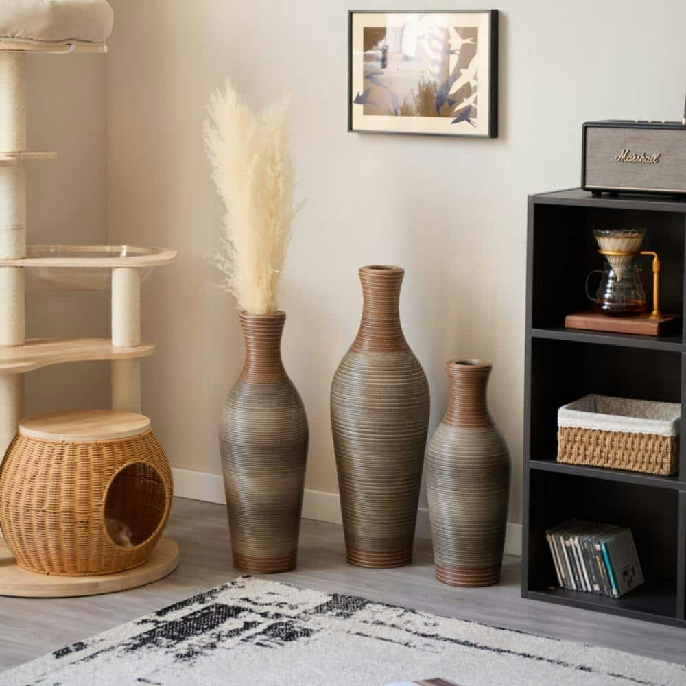 Brown-Grey Hand-Woven PVC Floor Decorative Vase 3-Piece Set: $117 Brown-Grey Hand-Woven PVC Floor Decorative Vase 3-Piece Set: $117
