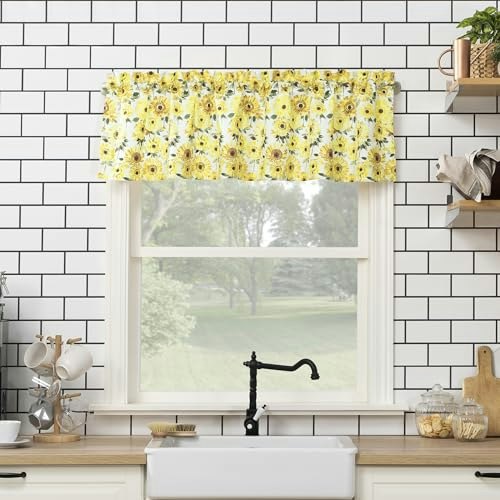 No. 918 54" x 14" Sunbeam Sunflower Print Semi-Sheer Kitchen Curtain Valance: $9.68 No. 918 54" x 14" Sunbeam Sunflower Print Semi-Sheer Kitchen Curtain Valance: $9.68