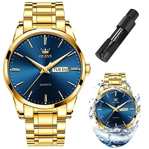 Olevs Men's Gold and Blue Stainless Steel Quartz Watch: $34.22