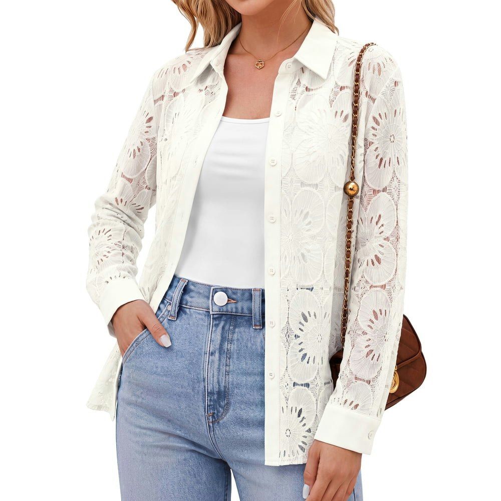 Sundazz Women's Long Sleeve Lace Floral Crochet Button-Down Shirt: $16.69