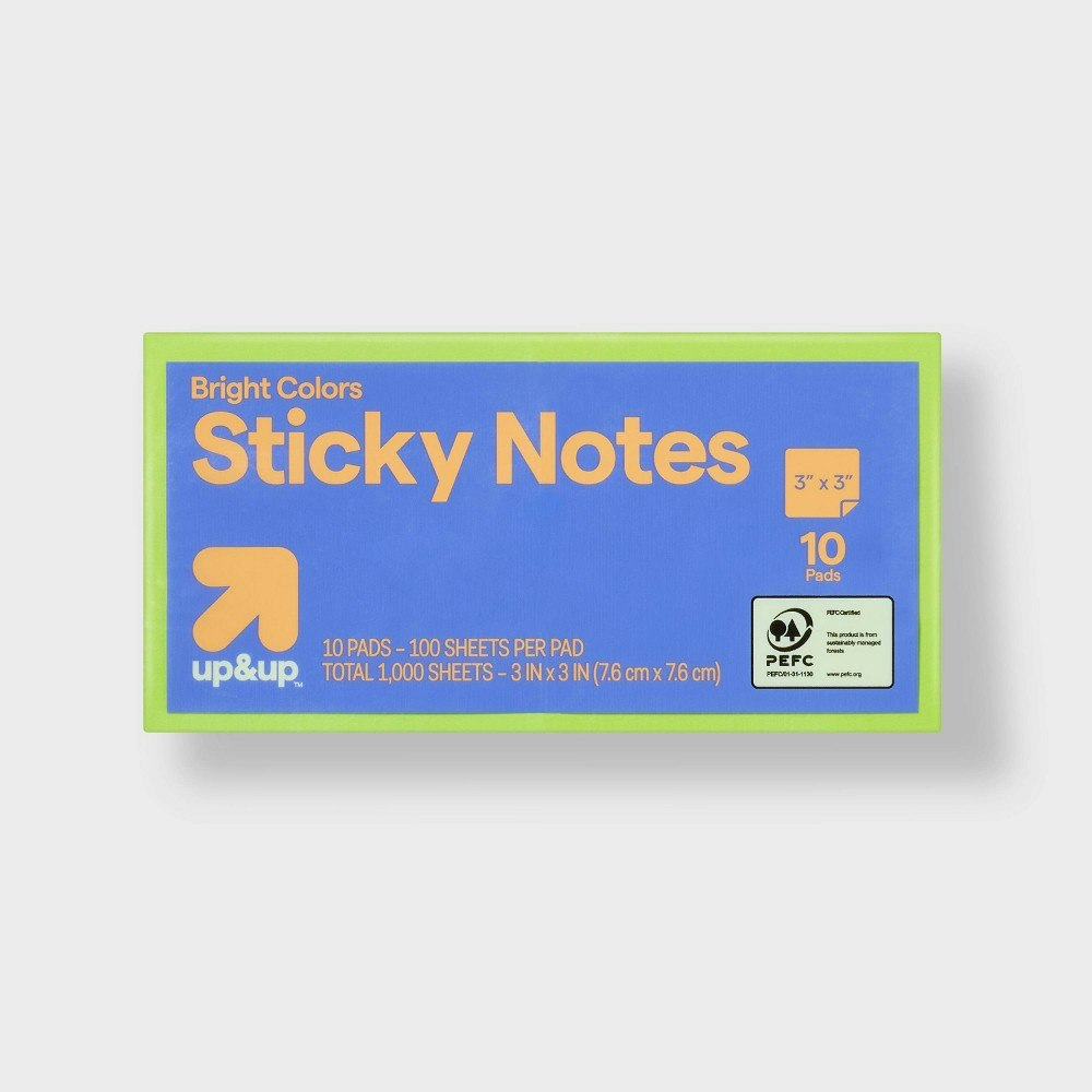 Up&Up 3x3-Inch Multicolor Sticky Notes 10-Pack: $12.99 Up&Up 3x3-Inch Multicolor Sticky Notes 10-Pack: $12.99