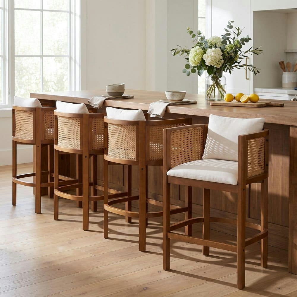 Walnut Finish Wood Counter Stool with Rattan Backrest 4-Pack: $799.82 Walnut Finish Wood Counter Stool with Rattan Backrest 4-Pack: $799.82