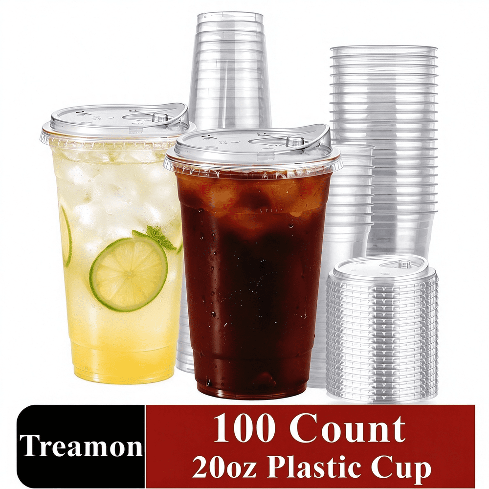 Treamon 20-oz. Clear Plastic Cups with Sip Lids 100-Pack: $25.99