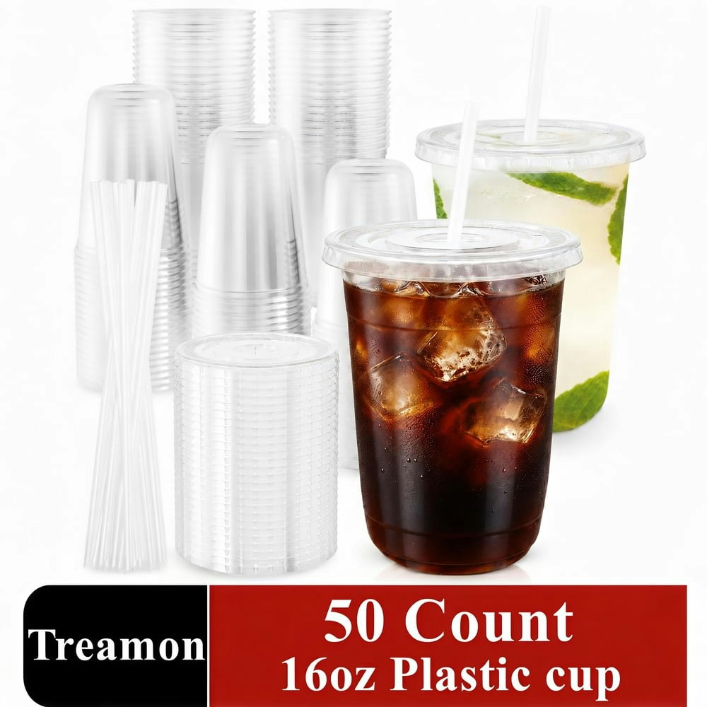 Treamon 16-oz. Plastic Cups with Lids and Straws 50-Pack: $19.99