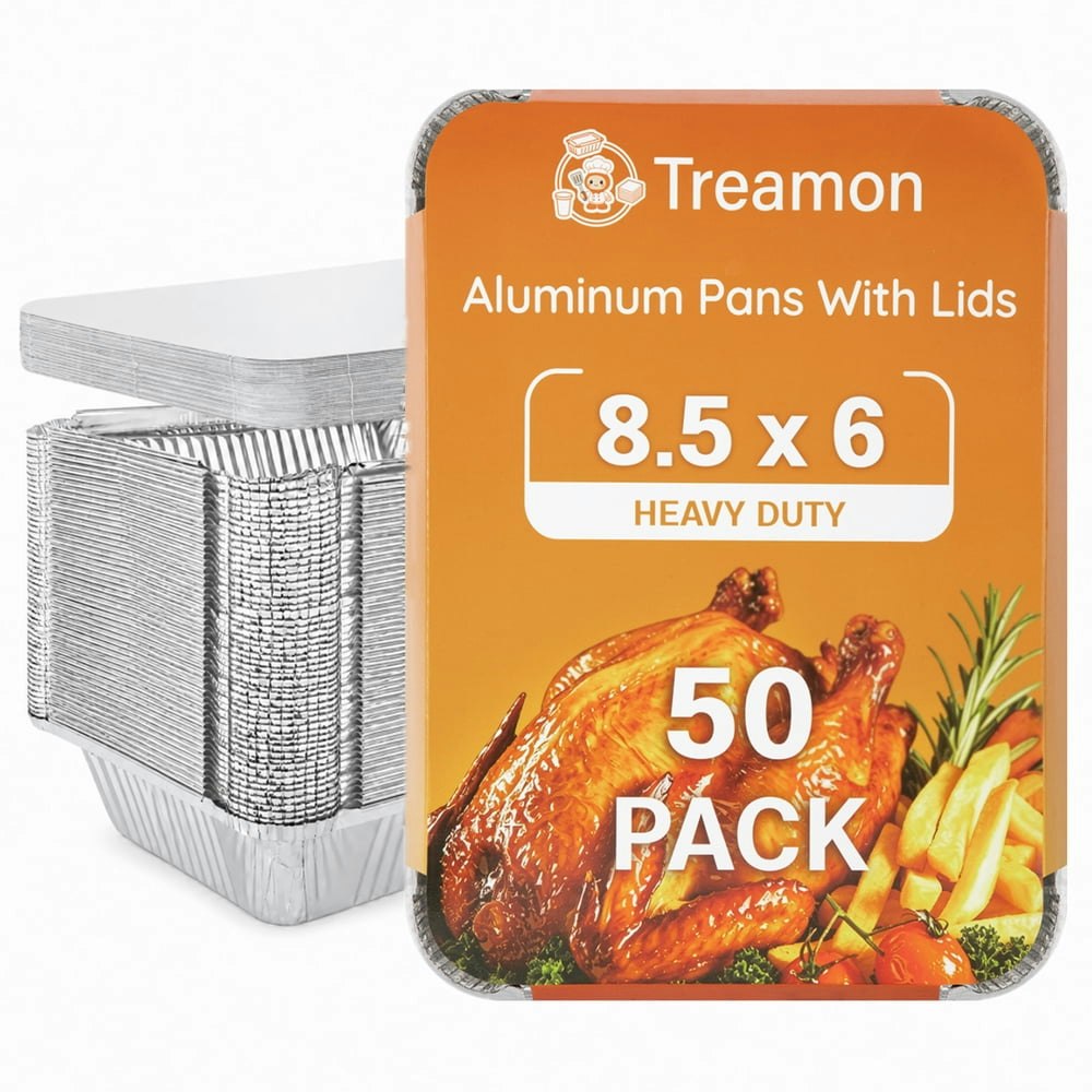 Treamon 8.5" x 6" Aluminum Foil Pans with Lids 50-Pack: $18.99
