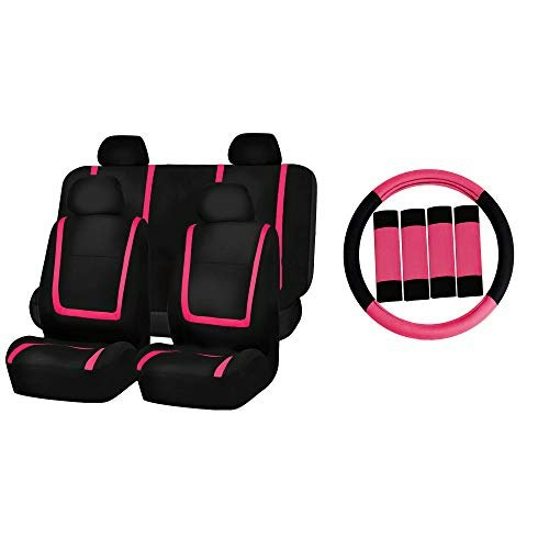 FH Group Flat Cloth Seat Cover Full Set with Steering Wheel Cover and Seat Belt Pads: $32.99