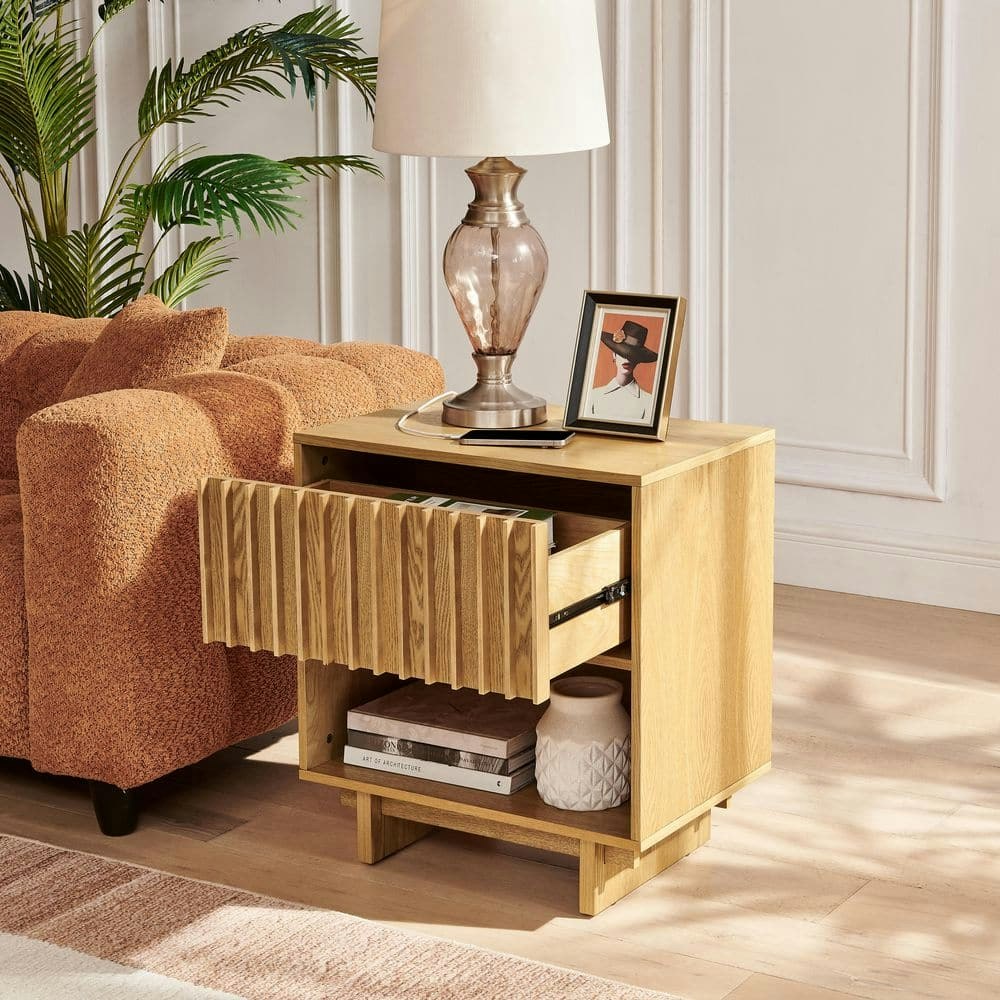 Mid Century Modern 1-Drawer Slat Nightstand with Charging Station: $173.33 Mid Century Modern 1-Drawer Slat Nightstand with Charging Station: $173.33
