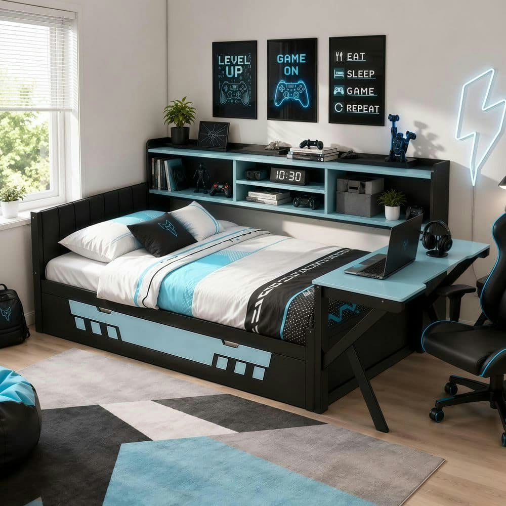 Twin Gaming Platform Bed with Desk, Storage, and LED Lighting: $397.54 Twin Gaming Platform Bed with Desk, Storage, and LED Lighting: $397.54