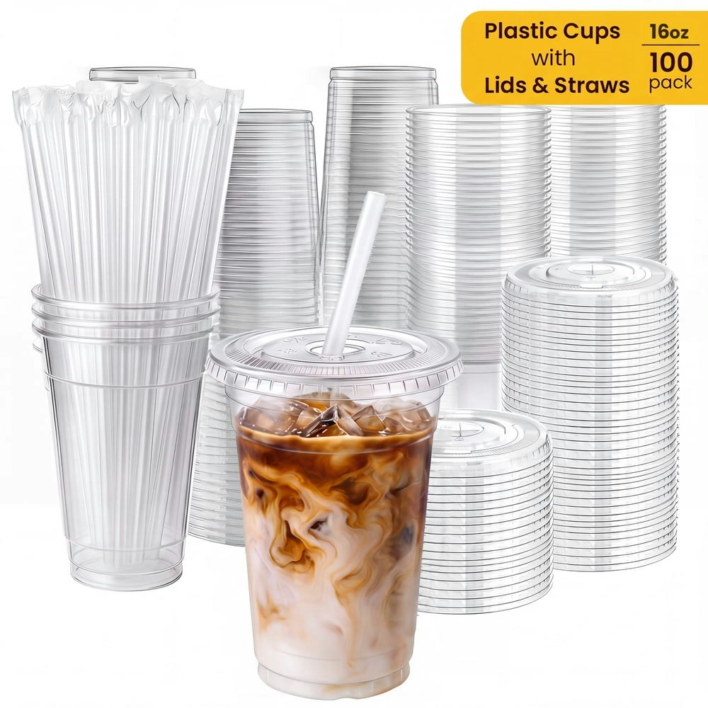 16-oz. Plastic Cups with Lids and Straws 100-Pack: $23.89 16-oz. Plastic Cups with Lids and Straws 100-Pack: $23.89