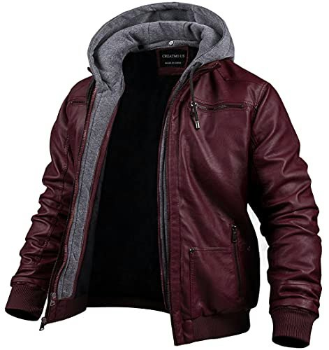 Creatmo US Men's Removable Hood Faux Leather Bomber Jacket: $45.49 Creatmo US Men's Removable Hood Faux Leather Bomber Jacket: $45.49