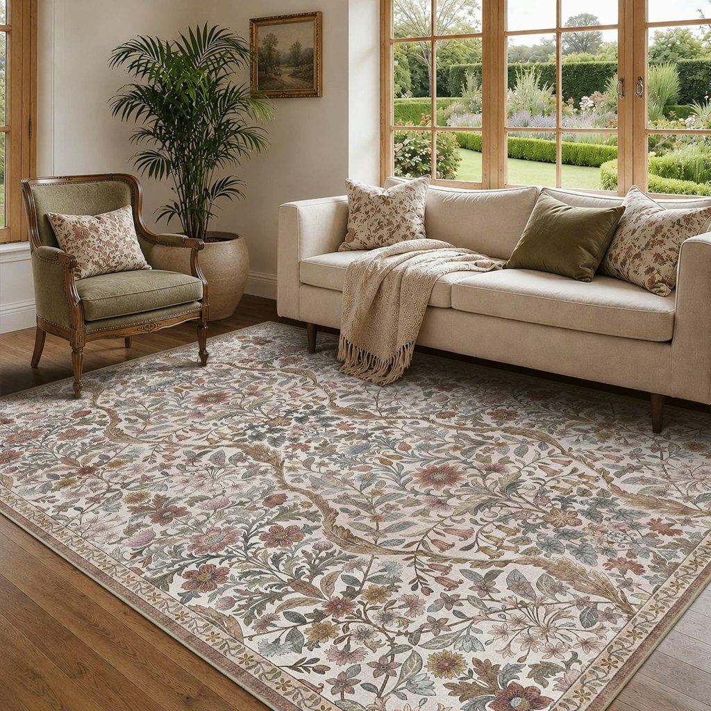 Bungalow Rose Vintage Boho Botanical Low-Pile Washable Area Rug: $98 Bungalow Rose Vintage Boho Botanical Low-Pile Washable Area Rug: $98