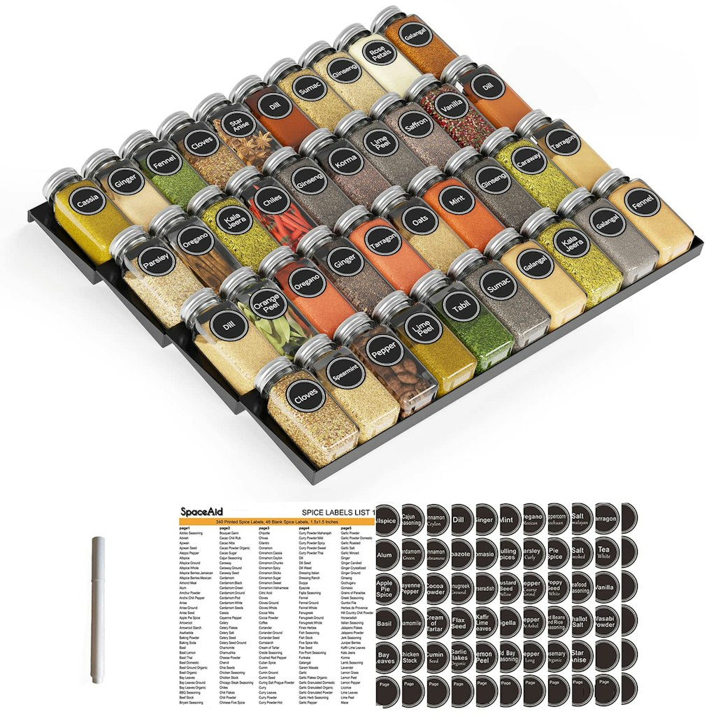 SpaceAid 4-Tier Spice Drawer Organizer w/ 40 Jars & 386 Labels: $63