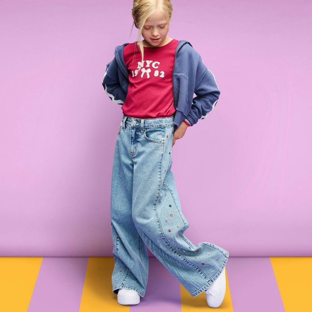 Cat & Jack Girls' Side Embroidered Super Wide Leg Jeans: $20 Cat & Jack Girls' Side Embroidered Super Wide Leg Jeans: $20