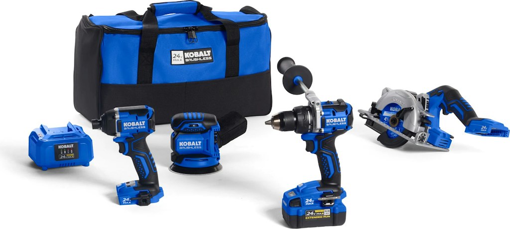 Kobalt 24V 4-Tool Brushless Combo Kit w/ Drill/Driver, Impact Driver, Sander & Circular Saw: $299 w/ 2 free tools Kobalt 24V 4-Tool Brushless Combo Kit w/ Drill/Driver, Impact Driver, Sander & Circular Saw: $299 w/ 2 free tools