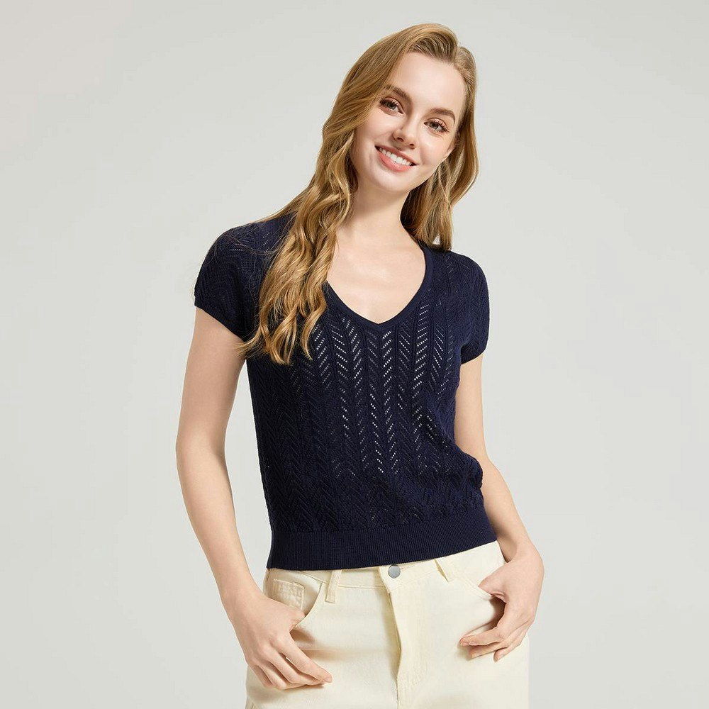 Universal Thread Women's Pointelle V-Neck Short Sleeve Sweater: $32