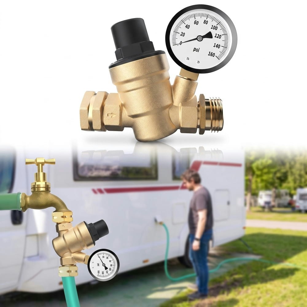 Dkriqie Adjustable Lead-Free Brass RV Water Pressure Regulator 160-PSI: $25.99