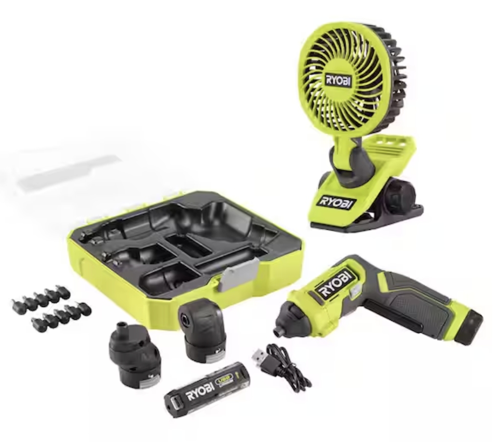 Ryobi USB Multi-Head Screwdriver Kit w/ Cordless Clamp Fan, 10-Pc. Bit Set: $50