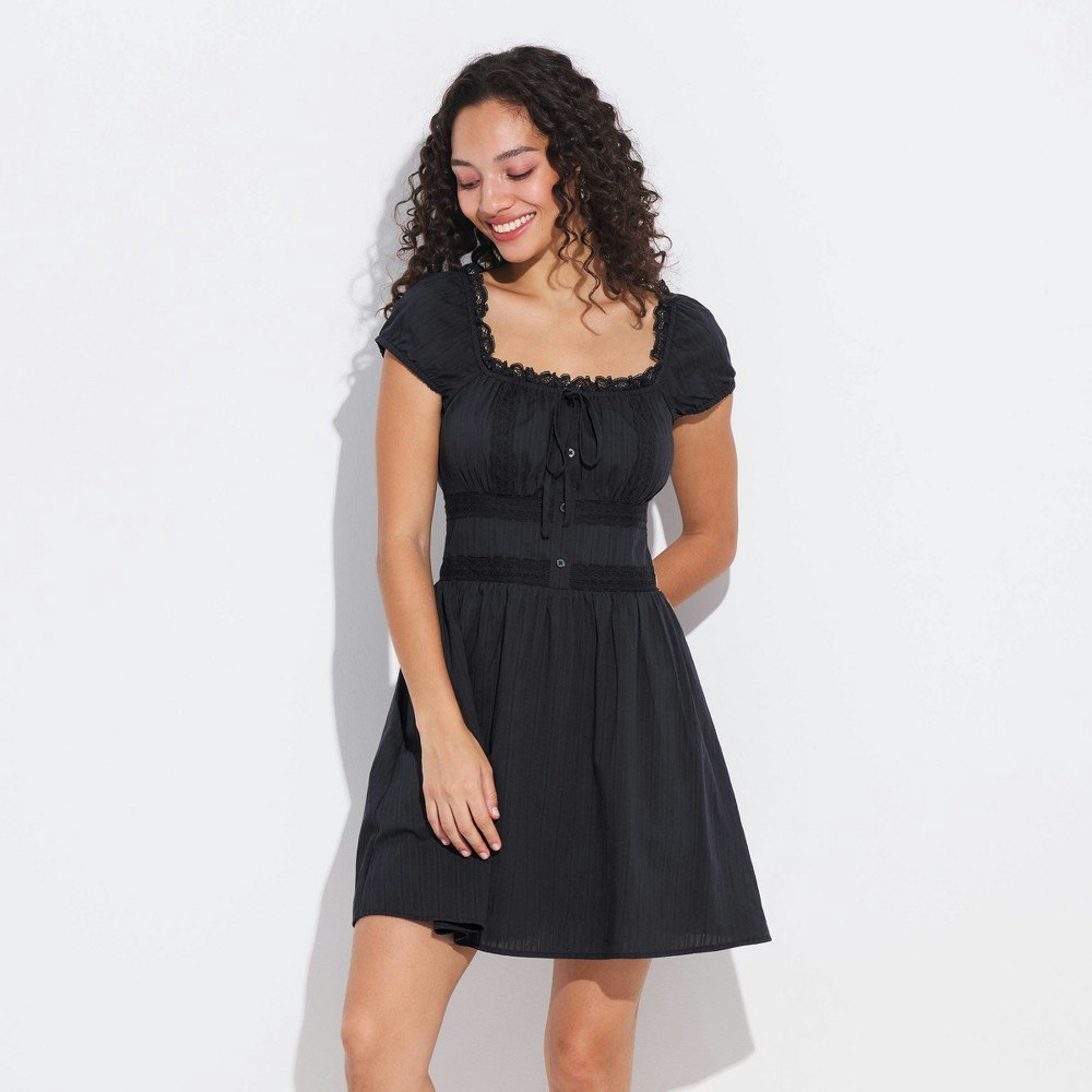 Wild Fable Women's Puff Cap Sleeve Lace Trim Mini Dress: $40 Wild Fable Women's Puff Cap Sleeve Lace Trim Mini Dress: $40
